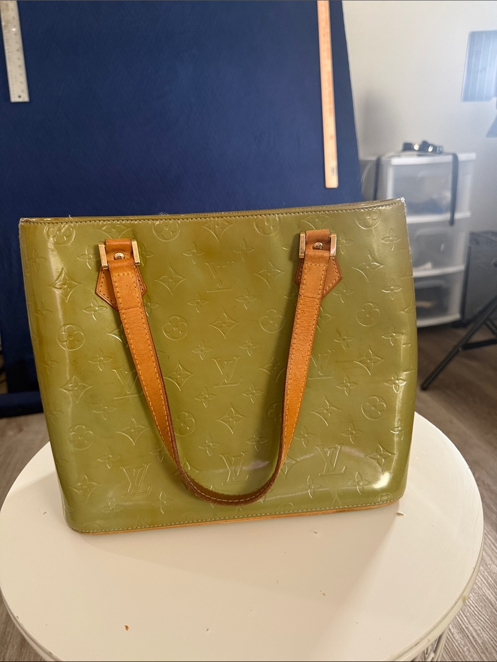 Louis Vuitton Olive Green Vernis Monogram Patent Shoulder Bag with Tan Straps